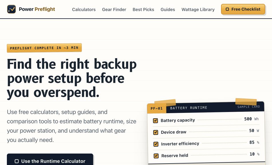 PowerPreflight homepage showing its backup-power planning experience